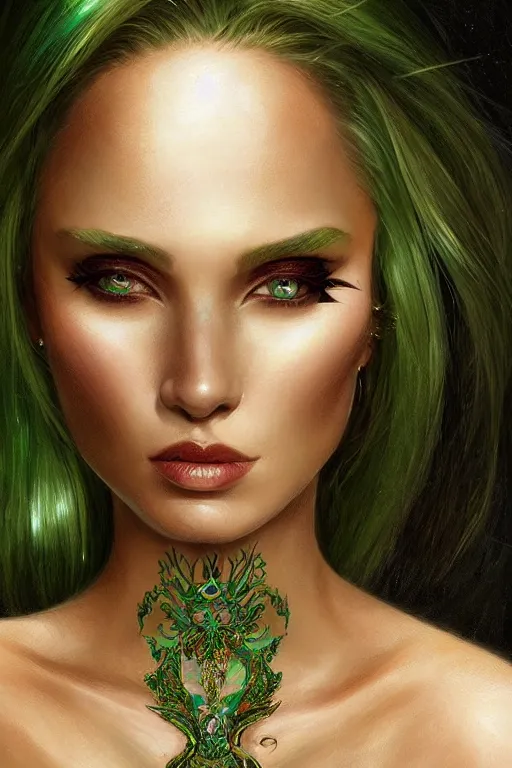 Image similar to a seductive beautiful witch from belarus, with a perfect face!!! shiny green iridescent makeup on skin, bust portrait, gold jewelry, dnd, face, fantasy, intricate, elegant, highly detailed, digital painting, artstation, concept art, smooth, sharp focus, illustration, art by artgerm and greg rutkowski and alphonse mucha