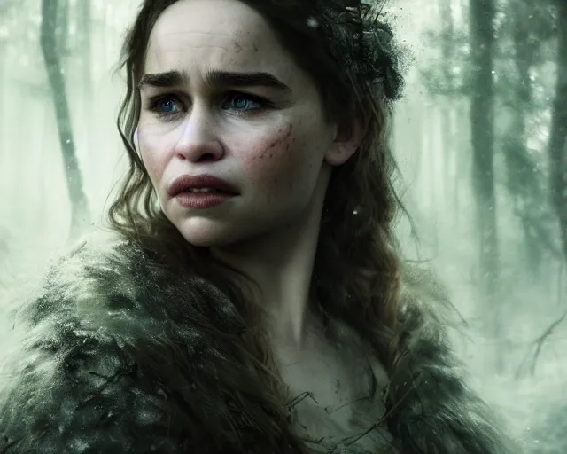 Image similar to 5 5 mm portrait photo of emilia clarke with a long face scar across her left cheek, in a magical forest. dark atmosphere. art by greg rutkowski. highly detailed 8 k. intricate. lifelike. soft light. nikon d 8 5 0.