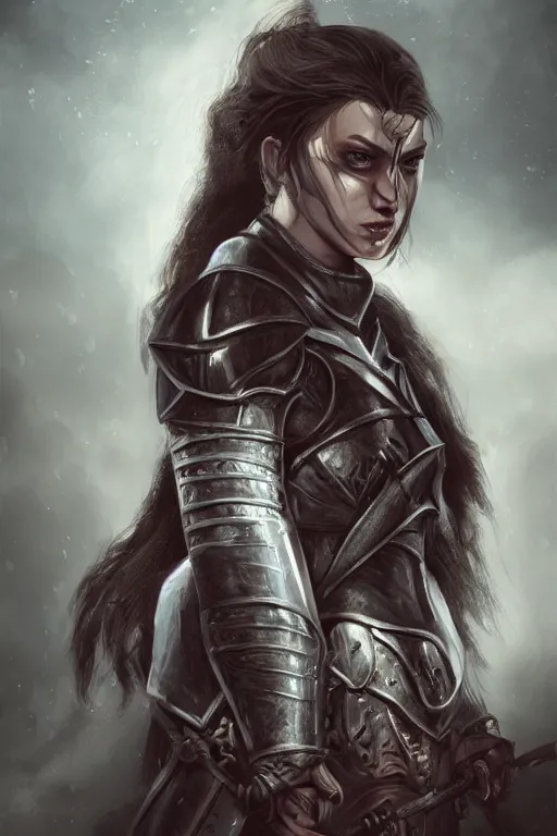 Prompt: half - length portrait of an angry female knight. wrath, revenge, emotions. fantasy, digital painting, hd, detailed, contrasted.