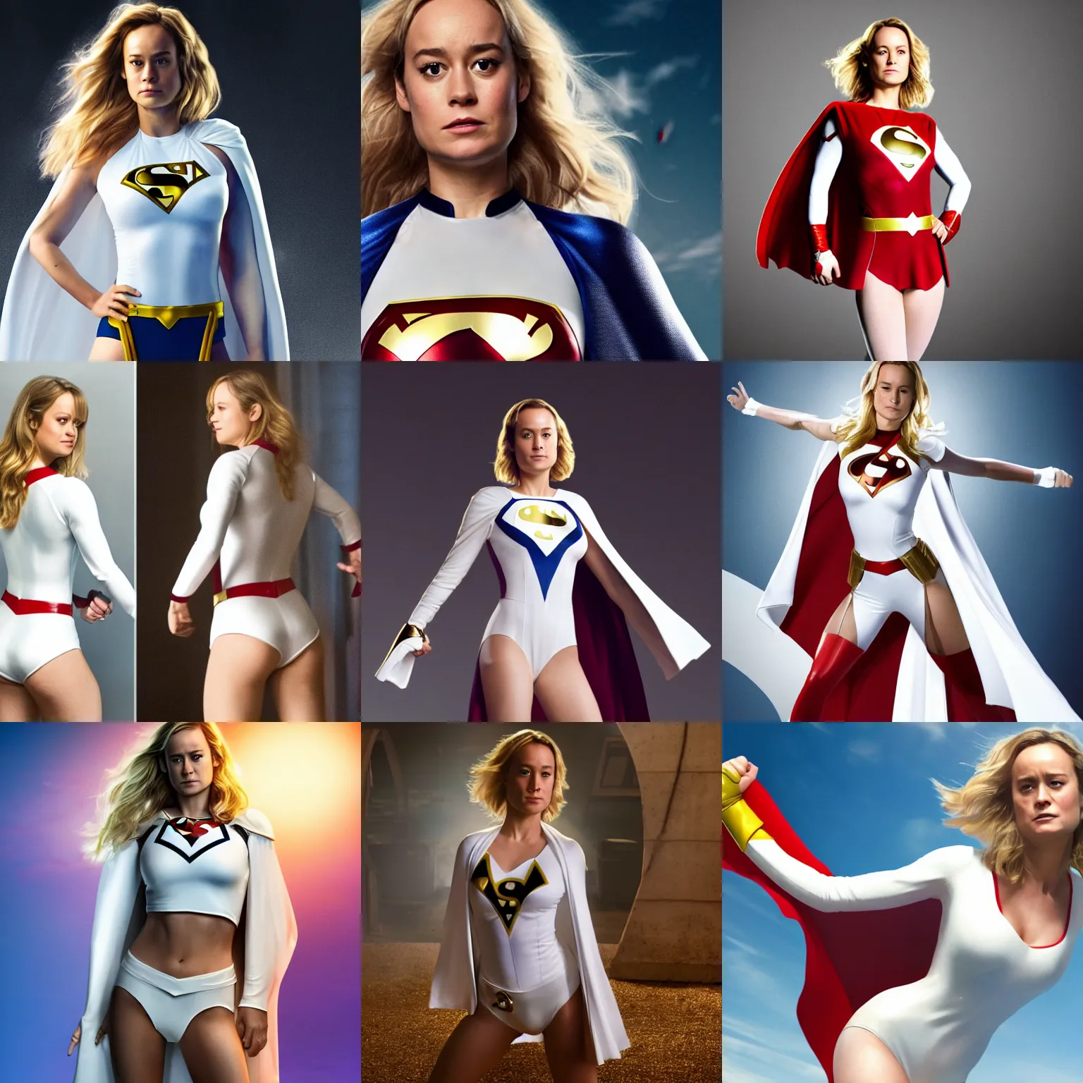 Prompt: Brie Larson as DC Comics' Power Girl, full body with white leotard costume and cape and open chest, photo, 4k