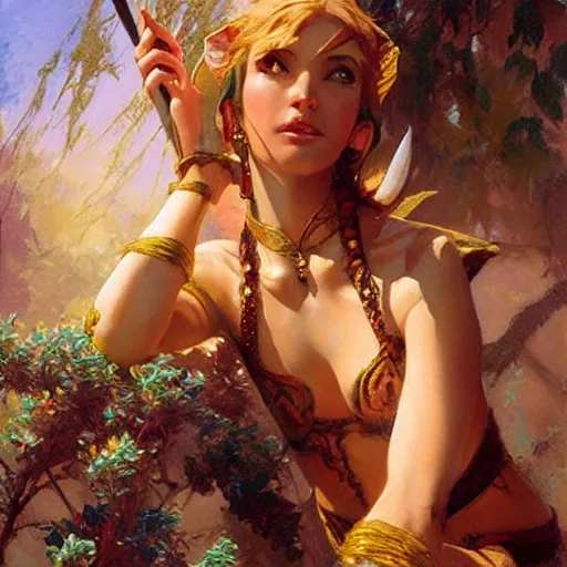 Image similar to female elf princess, sunny, painting by gaston bussiere, craig mullins, j. c. leyendecker