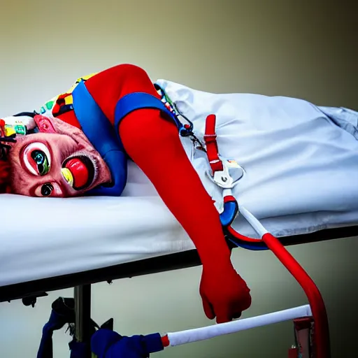 Image similar to crazy clown strapped in hospital bed with wrist restraints on, restraints have fabric straps attached to hospital bed, photograph, 8 k