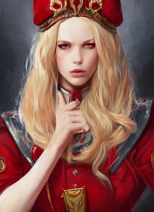 Image similar to a highly detailed illustration of beautiful long dirty blonde haired pale girl wearing red epaulette uniform, wearing crown, red eyes, dramatic seductive pose, intricate, elegant, highly detailed, centered, digital painting, artstation, concept art, smooth, sharp focus, league of legends concept art, WLOP