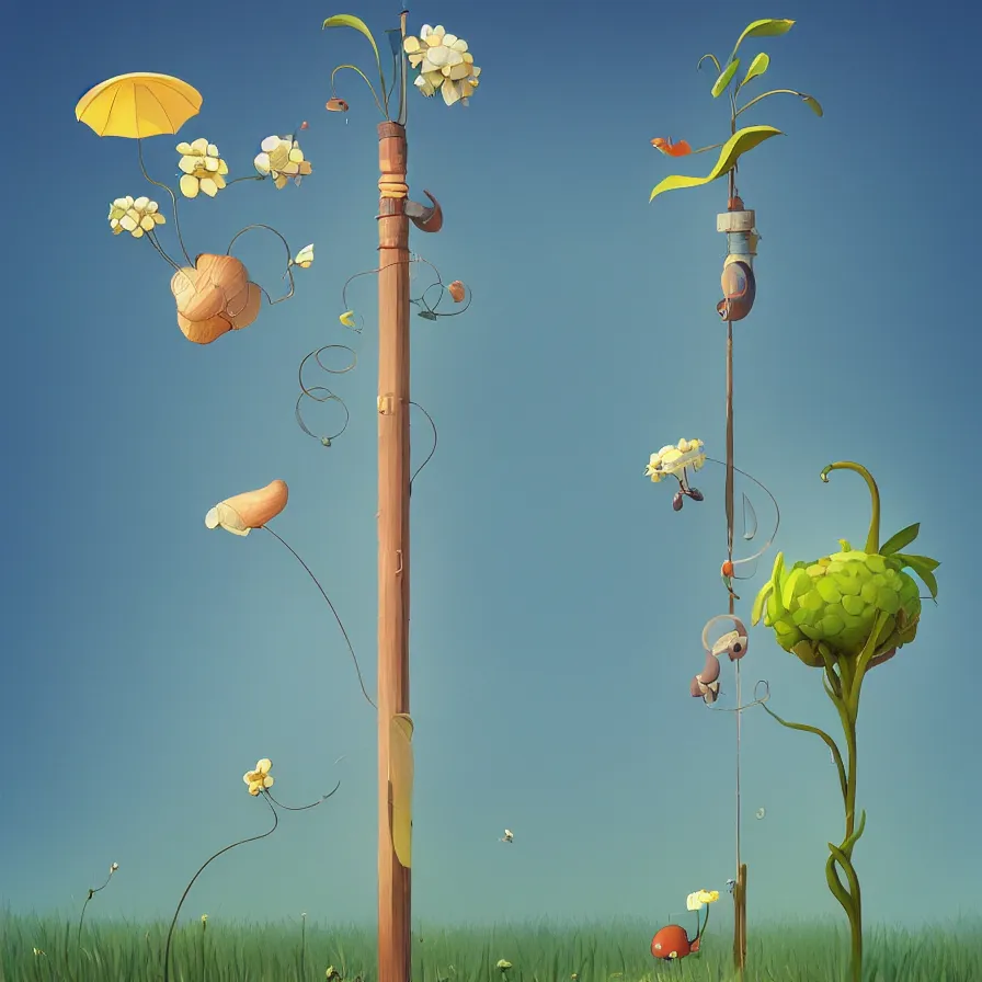 Image similar to Side view of a snail climbing up the pole of the tallest flower in the field, art by Goro Fujita, ilustration, concept art, sharp focus, ArtStation and deviantart