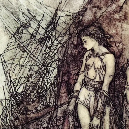 Prompt: The blood-dimmed tide is loosed and everywhere the ceremony of innocence is drowned, painted by Arthur Rackham