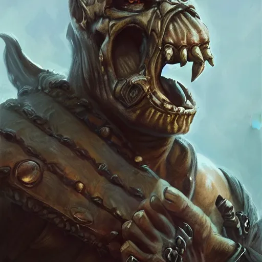 Image similar to portrait of a hulking herculean orc demon pirate rogue thief, male, masculine, upper body, belt of skulls, fantasy, frown,, intricate, elegant, highly detailed, digital painting, artstation, concept art, matte, sharp focus, illustration, art by artgerm and greg rutkowski and alphonse mucha