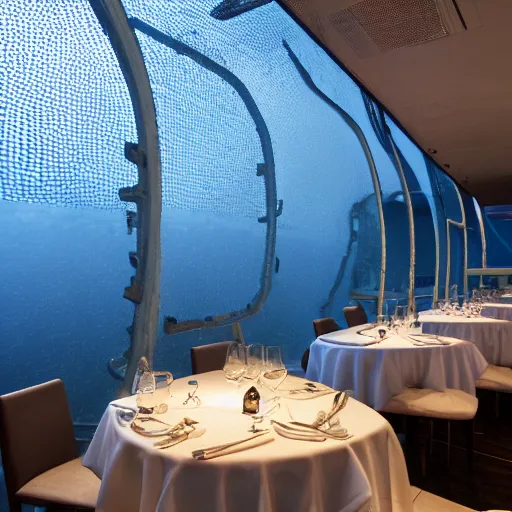 Prompt: michelin star restaurant interior, kitchen pass an underwater view of pristine scottish seas with trawl net, golden hour