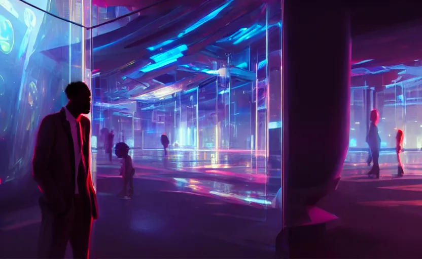 Image similar to handsome black genius infiltrating the metaverse, cenimatic and dramatic, curved translucent holographic displays, urban atmosphere, cmyk glowing lights, highly detailed, digital painting, artstation, concept art, smooth, sharp focus, illustration, art by wlop, mars ravelo and greg rutkowski