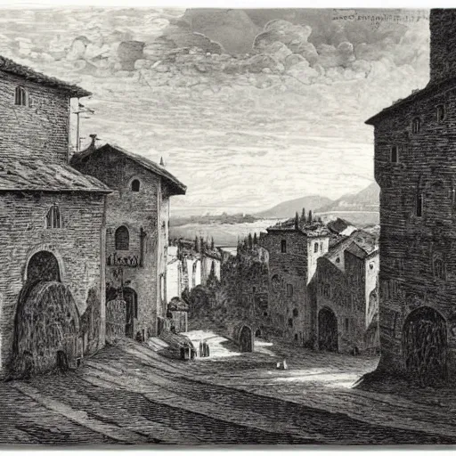 Image similar to medieval italian town landscape, gustave dore lithography