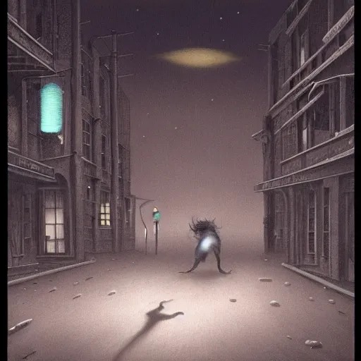 Prompt: creature chasing human down street at night by Michael Whelan, eerie, horror, scary, ominous, 8k, highly detailed