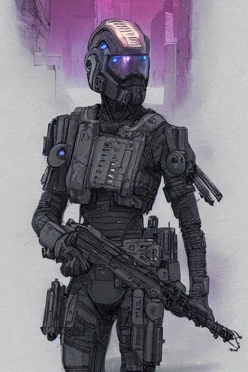 Image similar to adaego the ghost. blackops mercenary in near future tactical gear and cyberpunk headset. Blade Runner 2049. concept art by James Gurney and Mœbius.