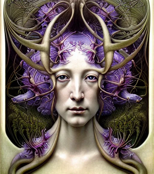 Image similar to detailed realistic beautiful orchid mantis goddess face portrait by jean delville, gustave dore, iris van herpen and marco mazzoni, art forms of nature by ernst haeckel, art nouveau, symbolist, visionary, gothic, neo - gothic, pre - raphaelite, fractal lace, intricate alien botanicals, ai biodiversity, surreality, hyperdetailed ultrasharp octane render