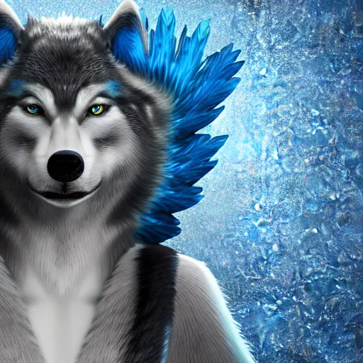 Image similar to 3 d render, well toned, large, female anthropomorphic wolf with wings, blue fur and scales with white spots and wings on her back, icey blue dress, furr covering her chest.