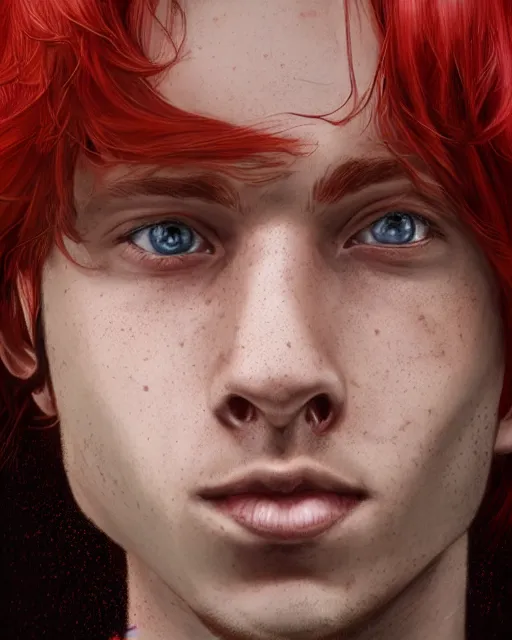 Image similar to portrait of 1 9 - year - old male twins with red hair and freckles, two male, wearing shirts,, hyper realistic face, beautiful eyes, character art, art by mark brooks, hyperdetailed, cryengine, trending on artstation, digital art