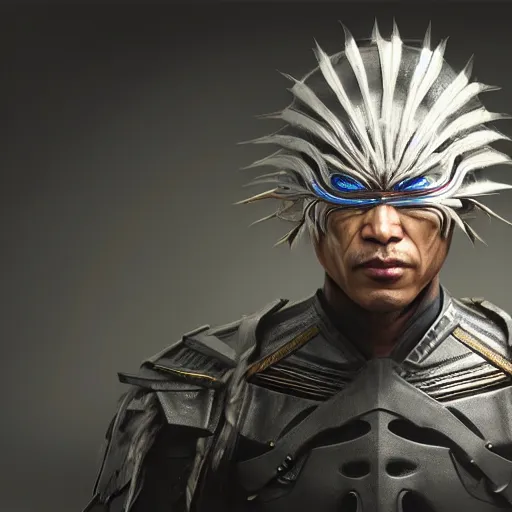 Image similar to hyper realistic, highly detailed hybrid of raiden from mortal kombat, and raiden from metal gear solid wearing an asian conical hat. portrait, stephen bliss, unreal engine, greg rutkowski, beeple global illumination, translucent, sub - surface scattering, detailed and intricate environment