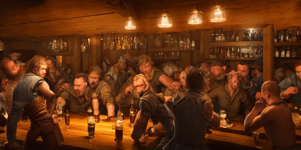 Prompt: a photo of a bar fight inside a pub between hobbits and dwarves and elves, detailed faces, accurate faces, 4k, hyperrealism, editorial, photorealistic, crisp details, sharp focus, wide angle lens, octane render, caustics