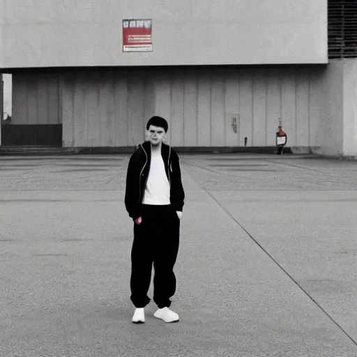 Prompt: gopnik in black adidas tracksuit ,standing in front of a tall Soviet panel building, moody, beautiful composition,35mm film, clouse up , 8k
