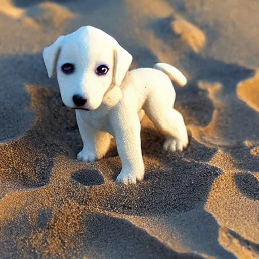 Image similar to a miniature white puppy action figure in the sand, with sunset, photo realistic, well detailed