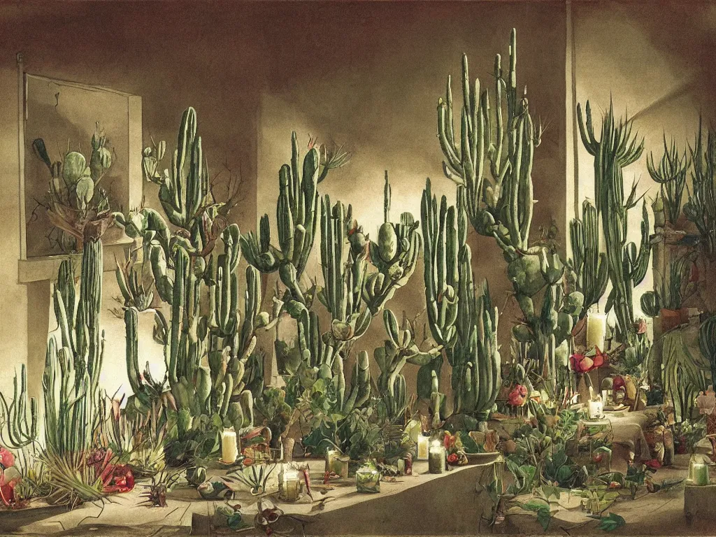 Image similar to Deserted old house full of strange surreal cacti, carnivorous plants, thorns. Candle light. Painting by Georges de la Tour, Walton Ford