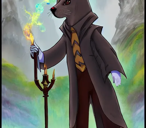 Prompt: A well dressed fursona of an Otter furry is a mage casting a magic spell, highly detailed fantasy anime artwork, ArtStation, pixiv, furaffinity, DeviantArt, impressionist romanticism, epic scenery in stone ruins