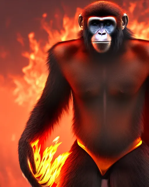 Image similar to fury art, an anthro ape monkey wearing a large cape and a fantasy armor, fire, fiery background, 3 d, 8 k, extremely detailed, trending on furaffinity, trending on artstation, award winning, sharp focus, illustration