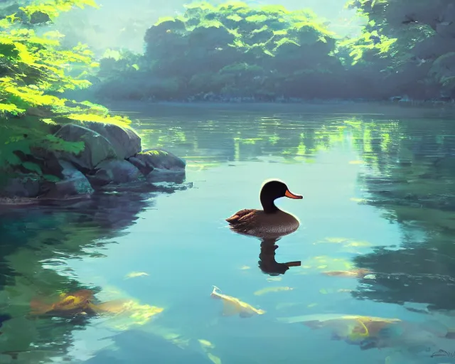 Image similar to a duck swimming in a river, ripples, reflections. Shady, trees bent over river, rocky shores. By Makoto Shinkai, Stanley Artgerm Lau, WLOP, Rossdraws, James Jean, Andrei Riabovitchev, Marc Simonetti, krenz cushart, Sakimichan, trending on ArtStation, digital art.