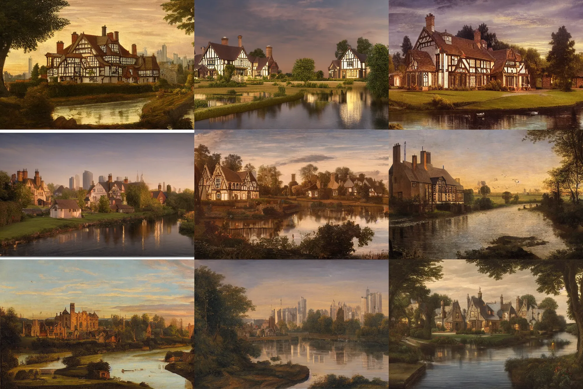 Prompt: realistic photo of a tudor style detached house surrounded by skyscrapers, a river flowing through the scene, dusk