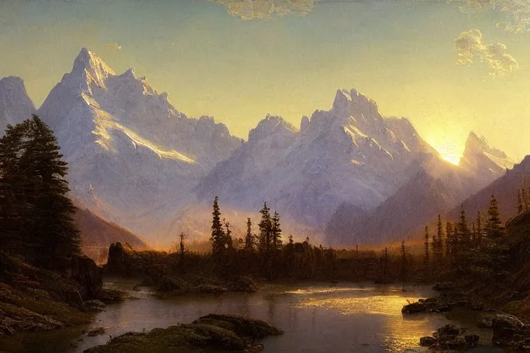 Image similar to an epic landscape painting of the three sisters mountains in canada, with snow on its peak, at sunrise in springtime, with a small river in the foreground, painted by albert bierstadt, atmospheric, volumetric lighting, rolling fog, breathtaking, highly detailed