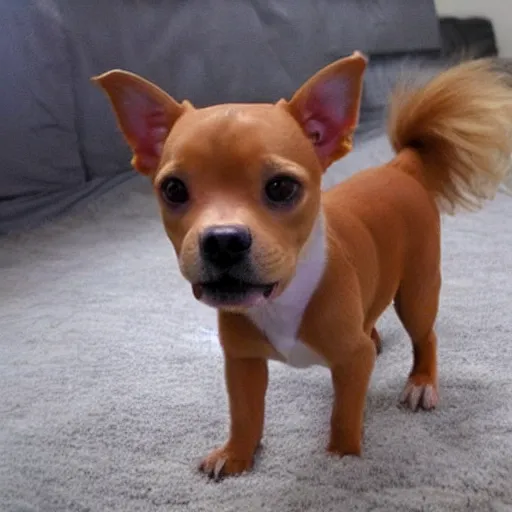 Image similar to fully grown tan pit bull, long - haired chihuahua, pomeranian mix