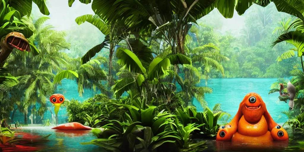 Image similar to of a tropical rainforest lake with strange cute friendly happy creatures with huge eyes, mouth, long tongue, round teeth and goofy face, appearing from the water, in the style of gehry and gaudi, macro lens, shallow depth of field, ultra detailed, digital painting, trending artstation, concept art, illustration, cinematic lighting, photorealism, epic, octane render