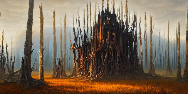 Image similar to painting dreadful forest of burnt and petrified weeping willows in a bog by tomasz alen kopera and cornelius dammrich with futuristic wood castle by eddie jones and simon stahlenhag