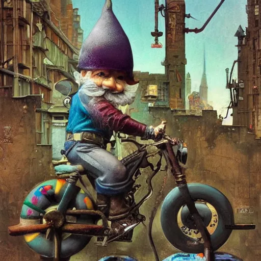 Prompt: Graffiti Spraypaint A gnome gnome riding a steampunk automaton clockwork golem golem jim lambie norman rockwell greg rutkowski alberto sughi elina brotherus robert rauschenberg tombow