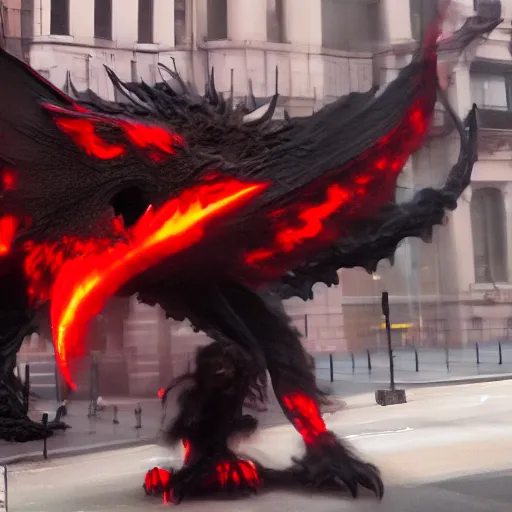 Prompt: a black dragon with red eyes, firing on new york city,