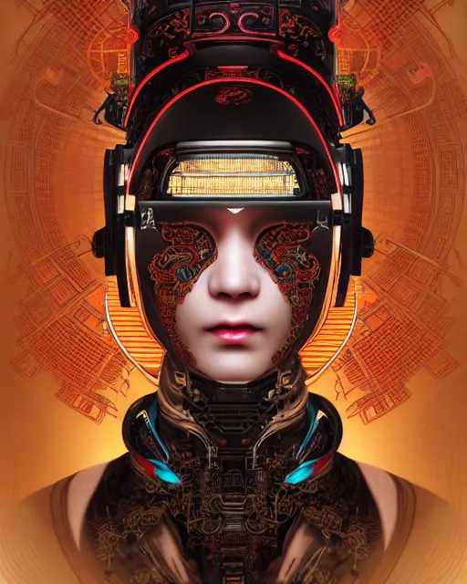 Image similar to portrait of a cyberpunk machine, machine face, upper half portrait, decorated with chinese opera motifs, asian, fine china, traditional chinese art, intricate, elegant, highly detailed, symmetry, headpiece, digital painting, artstation, concept art, smooth, sharp focus, illustration, art by artgerm and greg rutkowski and alphonse mucha, 8 k