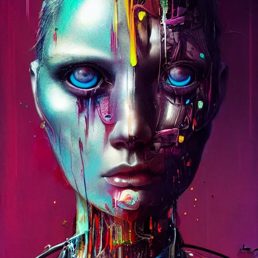 Prompt: portrait of an Android, melting ,8k,by tristan eaton,Stanley Artgermm,Tom Bagshaw,Greg Rutkowski,Carne Griffiths, Ayami Kojima, Beksinski, Giger,trending on DeviantArt,face enhance,hyper detailed,minimalist,cybernetic, android, blade runner,full of colour