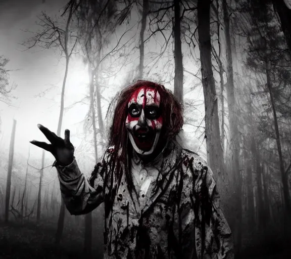 Prompt: zombie clown spotted in a dark forest, found footage, black and white