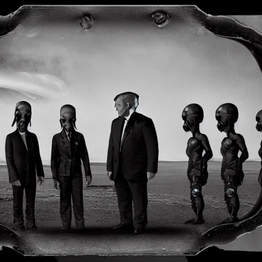 Prompt: tintype photograph, lovecraftian aliens talking with the president of the united states, desert location, highly detailed, 8 k, trending on artstation