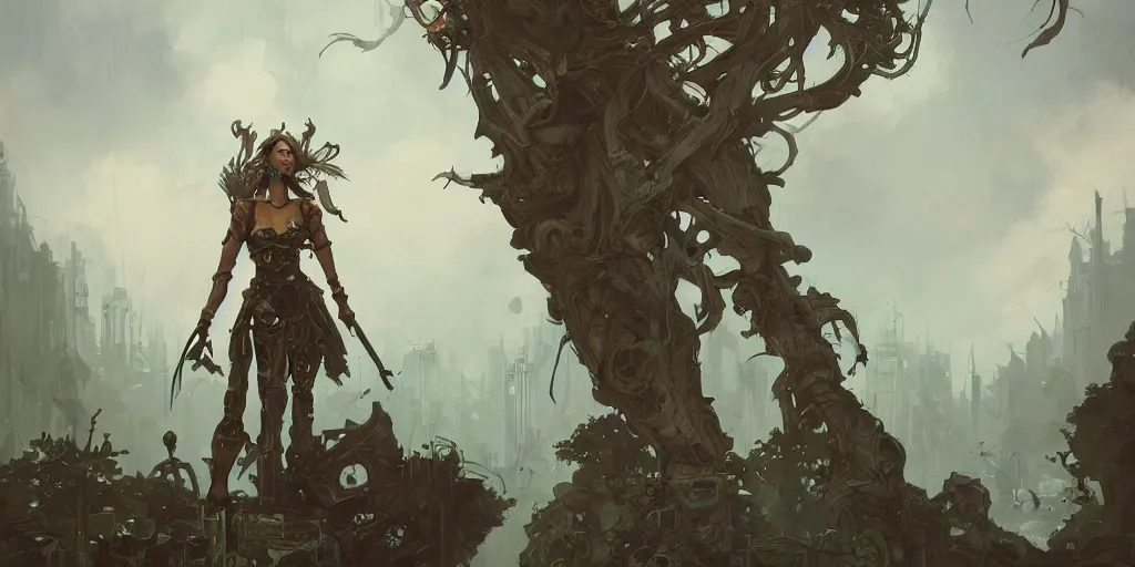 Prompt: a detailed illustration of a warrior woman against the background of an overgrown city and a cloudy sky, artstation, by Peter Mohrbacher, Art Nouveau, sophisticated, Unreal engine, dystopia, anti-utopia, post processing, nostalgic melancholic artwork, intricate