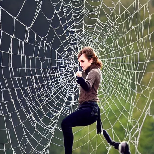 Prompt: upset emma watson hanging from and trapped in a giant spider web