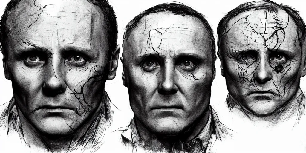 Image similar to hannibal lecter, character sheet, concept design, contrast, kim jung gi, greg rutkowski, zabrocki, karlkka, jayison devadas, trending on artstation, 8 k, ultra wide angle, pincushion lens effect