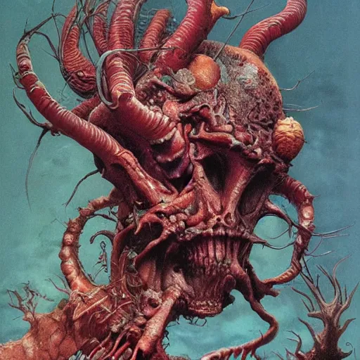 Prompt: madness creature, bloated, fluid, smooth, organic, crazy, bright, colours, tumours, high contrast, sharpness, dramatic, very detailed, intricate, by giger and corben and moebius and beksinski and bosch and bacon