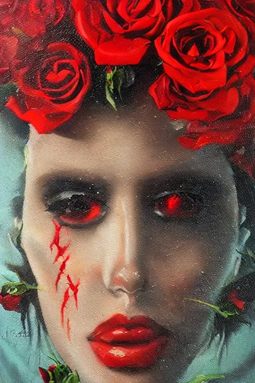 Prompt: oil painting, close-up, hight detailed, melting cyborg face with red roses everywhere at red planet, in style of 80s sci-fi art, neodada