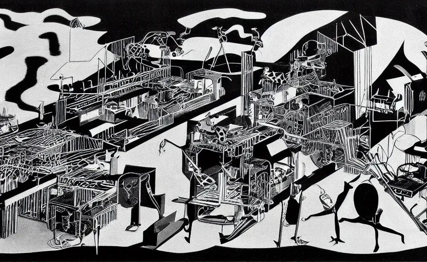 Image similar to the discovery of modularity illustrated by Boris Artzybasheff, imposing and playful, a dark tinge, wires