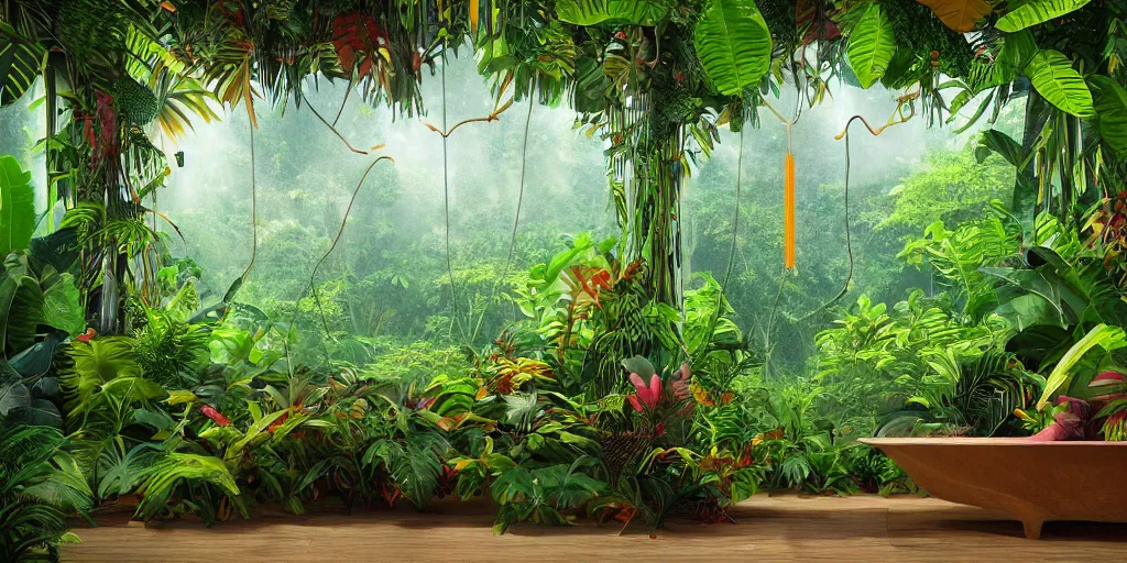 Image similar to Amazonian jungle with tropical plants and leaves falling from tree and a rectangular colorful neon frame placed in the center , unreal 5, hyperrealistic, realistic, photorealistic, dynamic lighting, highly detailed, cinematic landscape, studio landscape, studio lighting