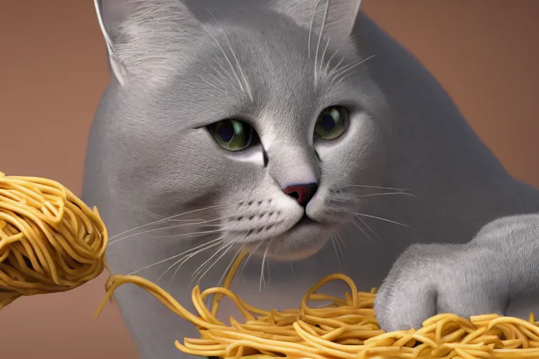 Prompt: Gray Cat eating spaghetti octane render extreme detail cinematic lighting 8k award winning beautiful