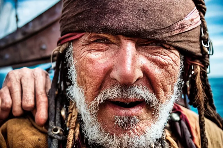 Prompt: closeup old pirate on an old pirate ship, by emmanuel lubezki