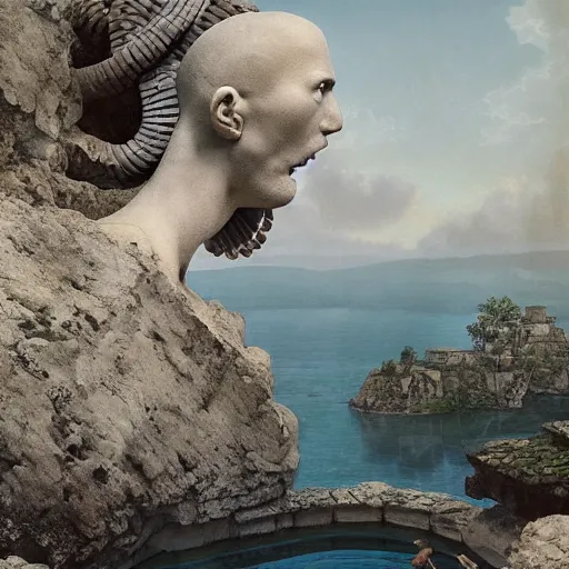 Prompt: peter tarka, minimalistic, broken giant marble head statue ruins, hyperrealistic surrealism, award winning masterpiece with incredible details, epic stunning, infinity pool, a surreal vaporwave liminal space, highly detailed, trending on ArtStation, artgerm and greg rutkowski and alphonse mucha, daily deviation, IAMAG