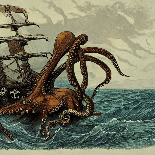 Prompt: a highly detailed illustration of a giant octopus eating a sinking pirate ship by H. R. Geiger - n 5