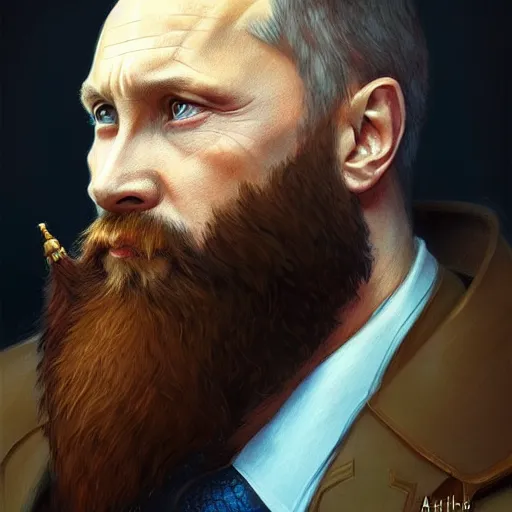 Image similar to Portrait of Putin with beard, D&D, blue eyes, face, fantasy, intricate, elegant, highly detailed, digital painting, artstation, concept art, smooth, sharp focus, illustration, art by artgerm and greg rutkowski and alphonse mucha