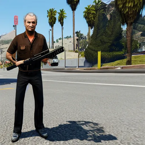 Prompt: bill murray with a gun, game character, gta 5 screenshot